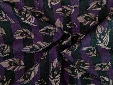 Resttück Baumwolljersey Feder auf Streifen Lila/Dunkelblau 85 x 150 cm